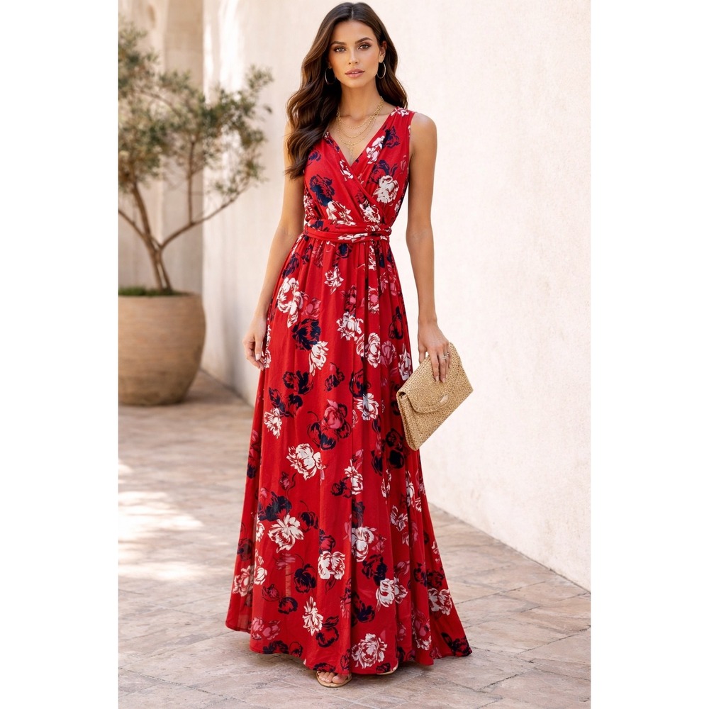 VICI Red Floral Wrap Maxi‎ Dress Small –Tie Belt Side Slit Flowy Long Dress